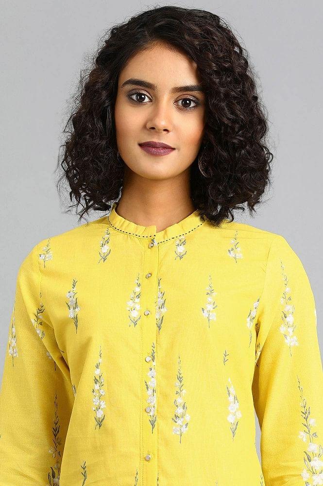 Yellow Mandarin Neck Printed kurta - wforwoman