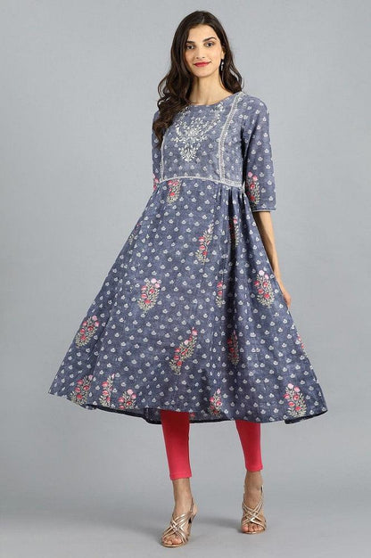 Grey Violet Round Neck Printed kurta - wforwoman