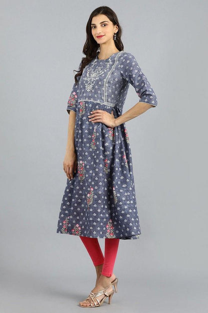 Grey Violet Round Neck Printed kurta - wforwoman