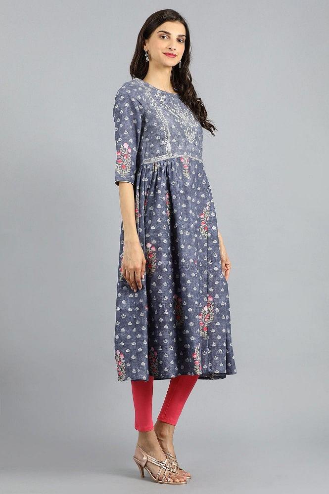 Grey Violet Round Neck Printed kurta - wforwoman