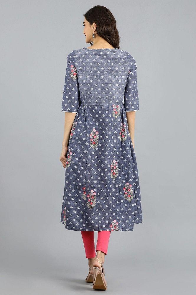 Grey Violet Round Neck Printed kurta - wforwoman