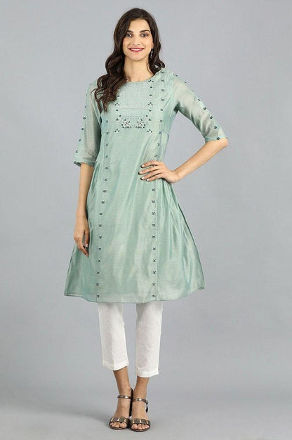 Green Round Neck Printed kurta - wforwoman