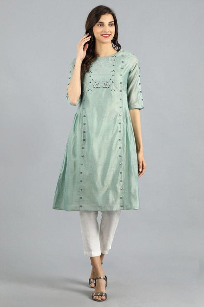 Green Round Neck Printed kurta - wforwoman