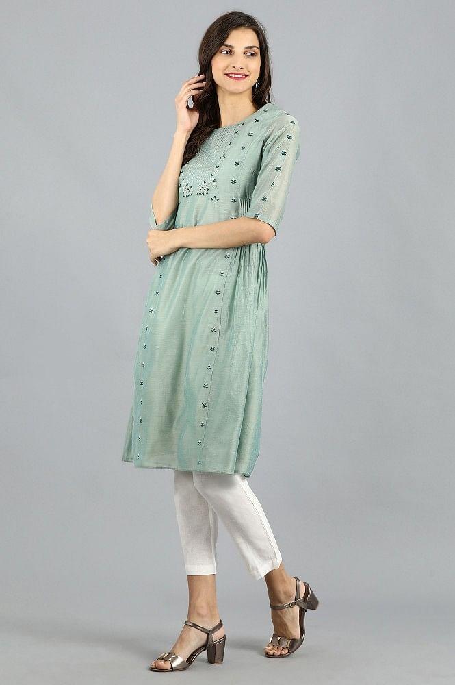 Green Round Neck Printed kurta - wforwoman