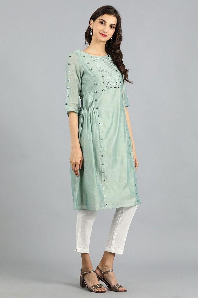 Green Round Neck Printed kurta - wforwoman