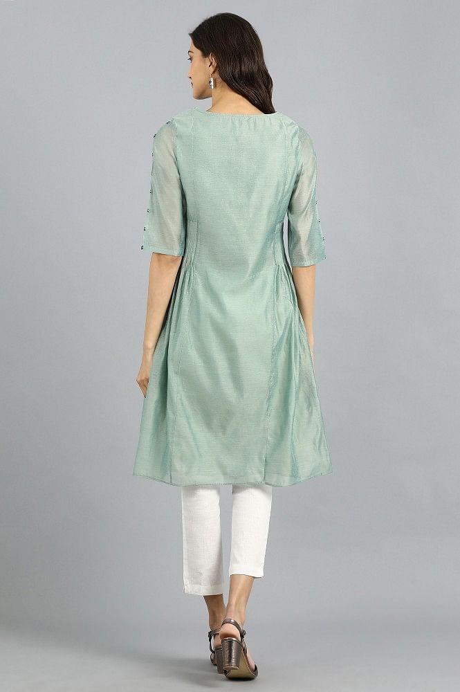 Green Round Neck Printed kurta - wforwoman