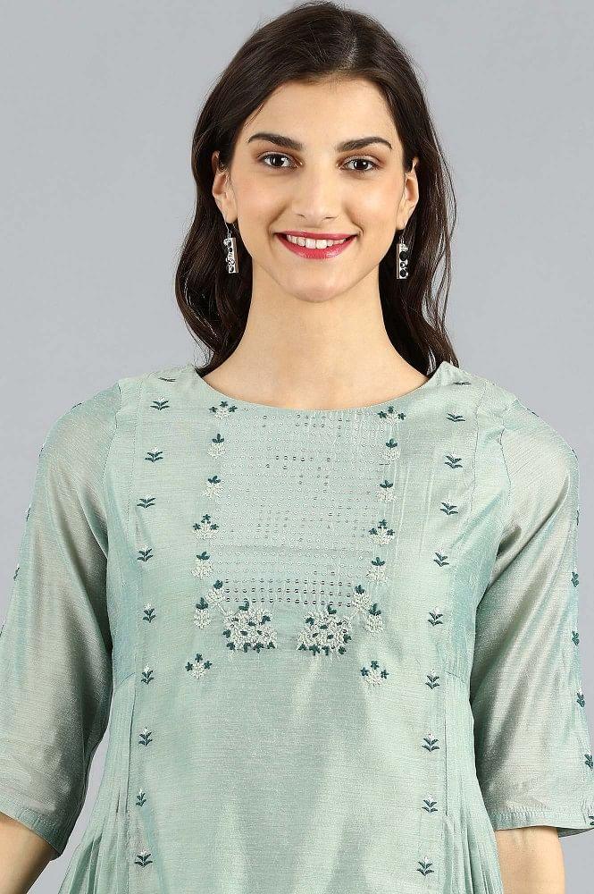 Green Round Neck Printed kurta - wforwoman