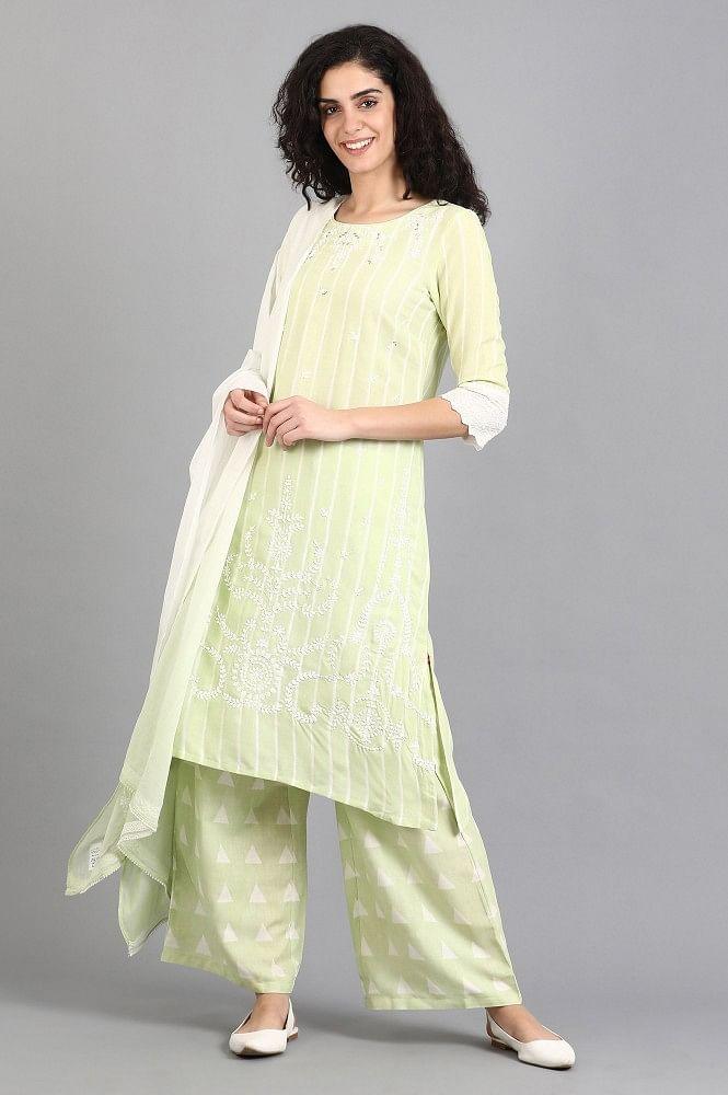 Green Round Neck Printed kurta - wforwoman