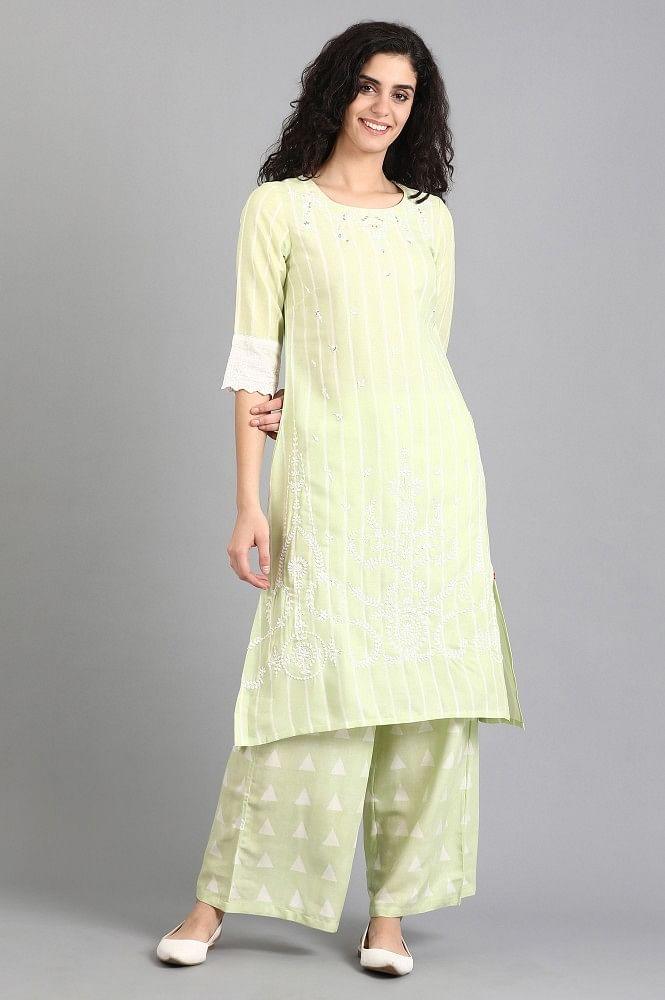 Green Round Neck Printed kurta - wforwoman