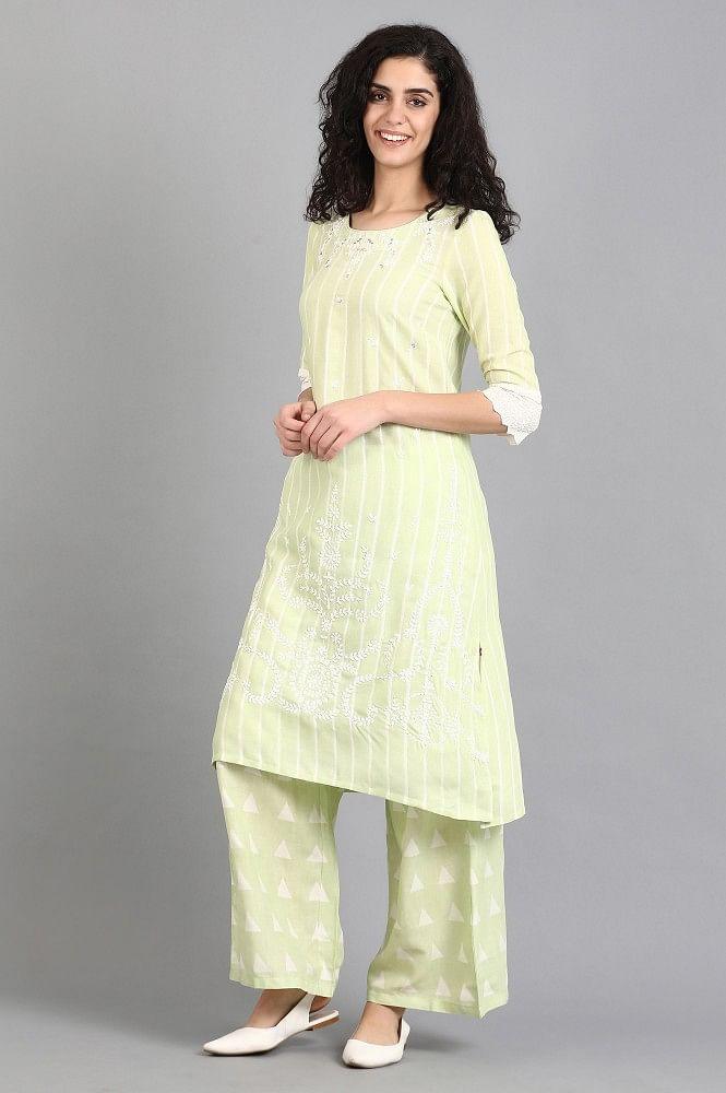 Green Round Neck Printed kurta - wforwoman