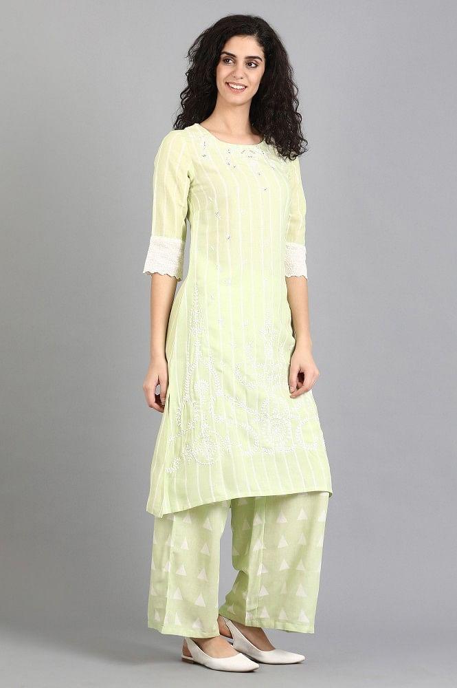 Green Round Neck Printed kurta - wforwoman