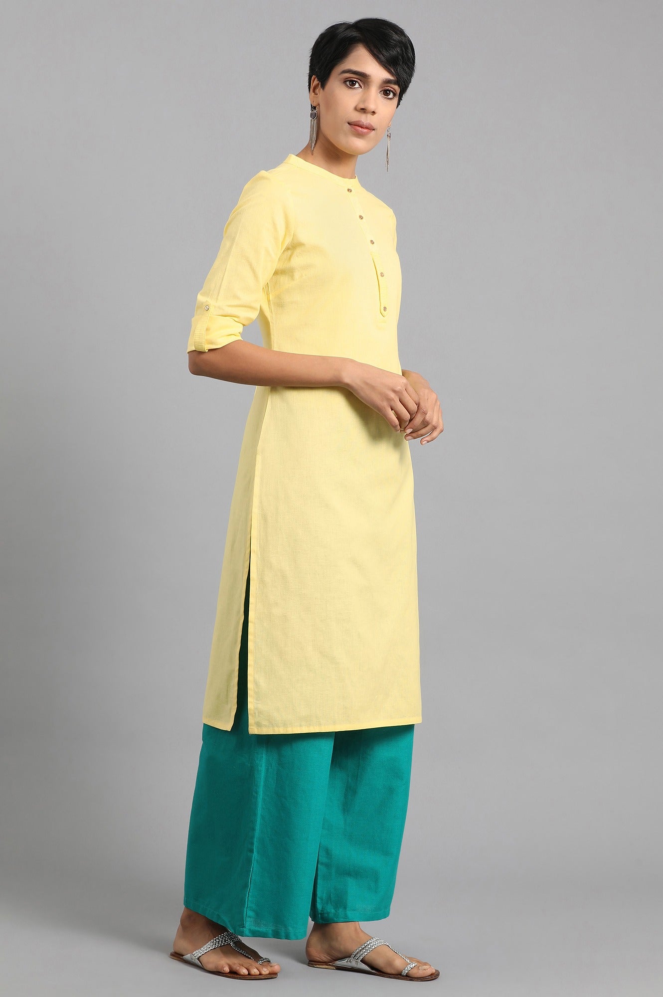 Yellow Mandarin Neck Solid kurta