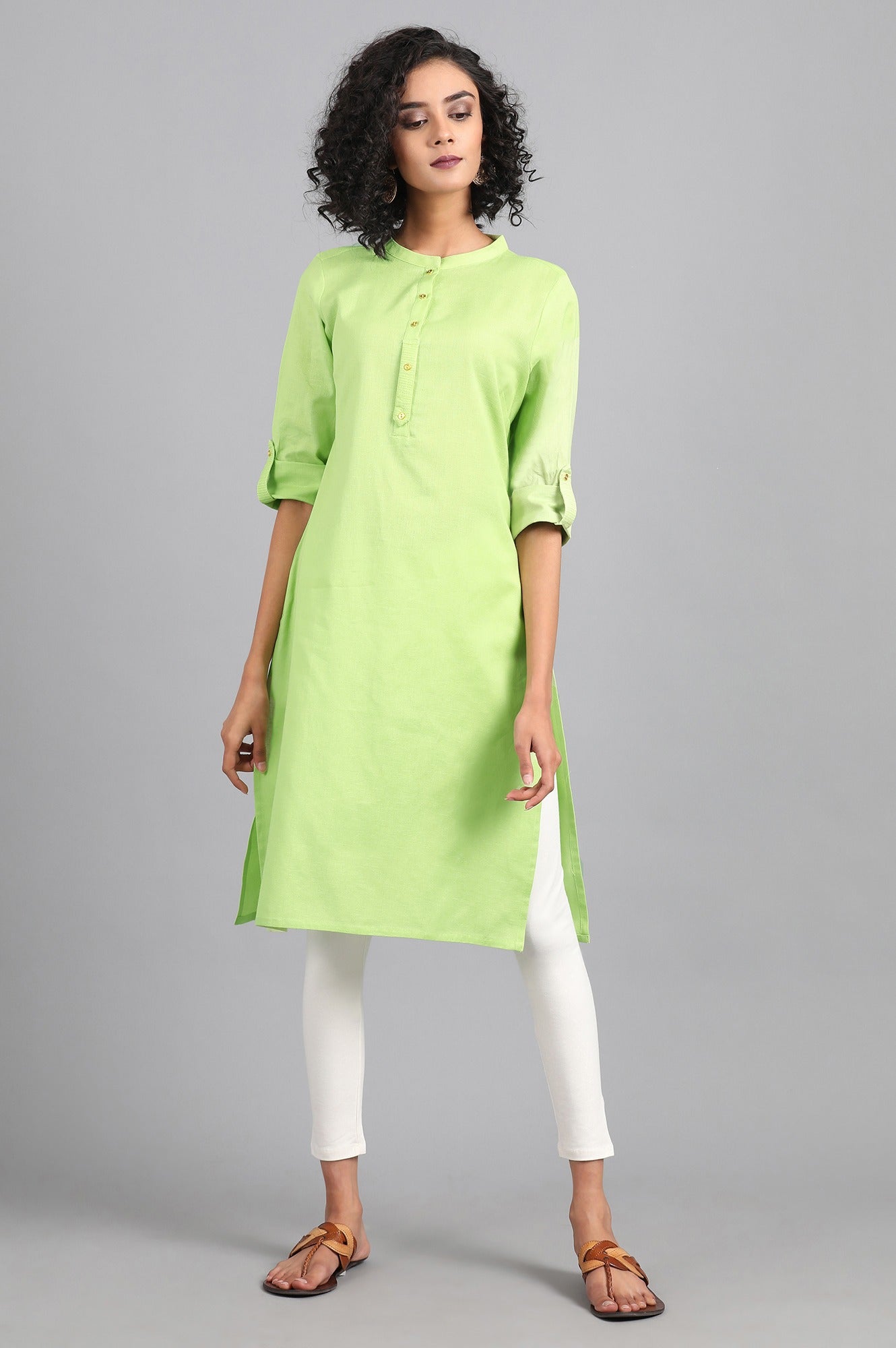 Lime Green Mandarin Neck Solid kurta