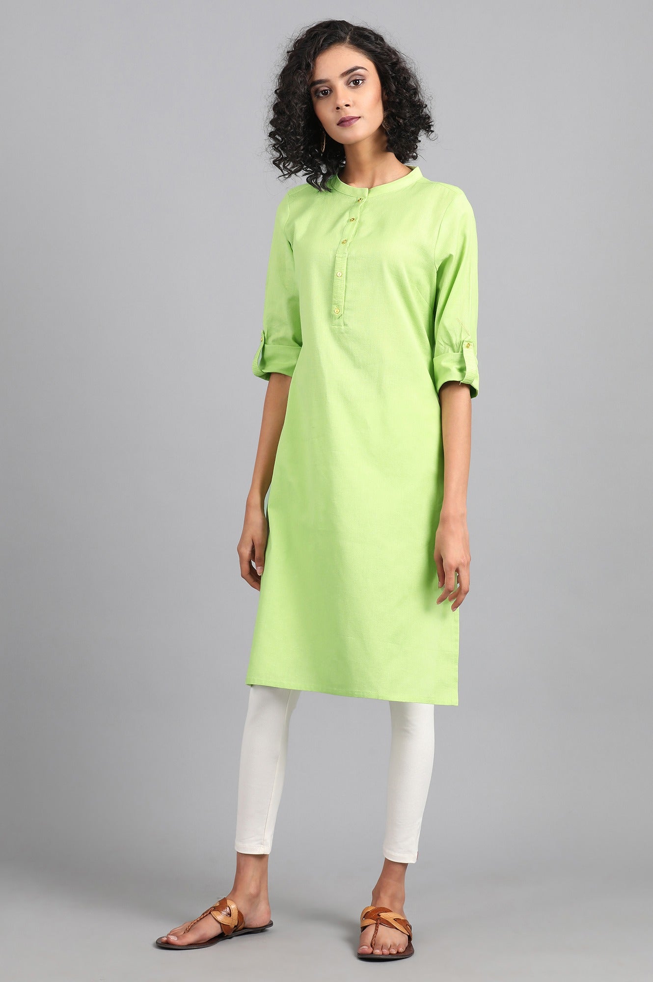 Lime Green Mandarin Neck Solid kurta