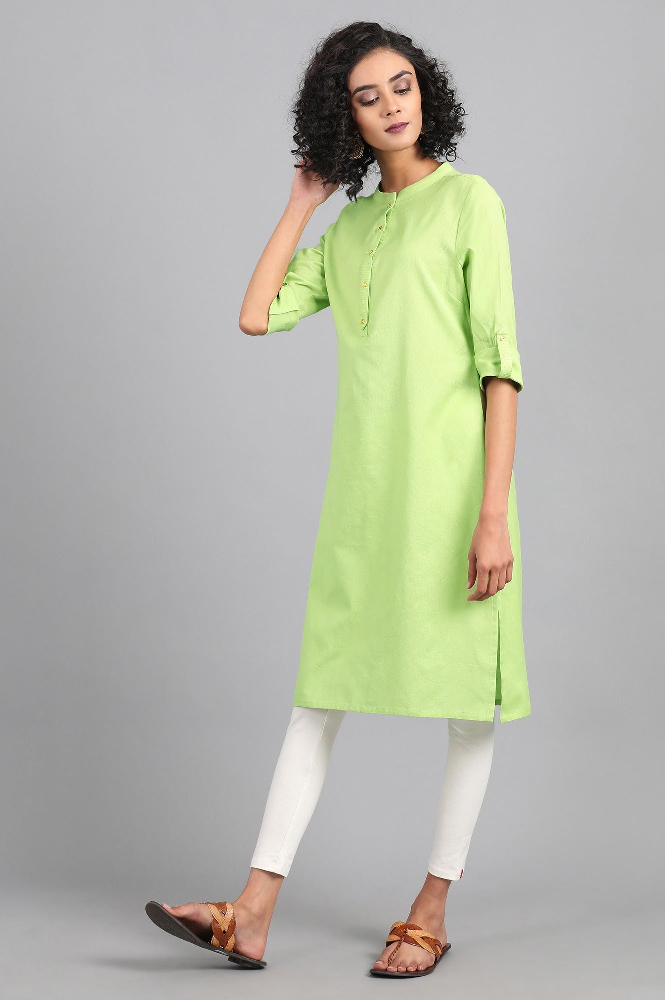 Lime Green Mandarin Neck Solid kurta