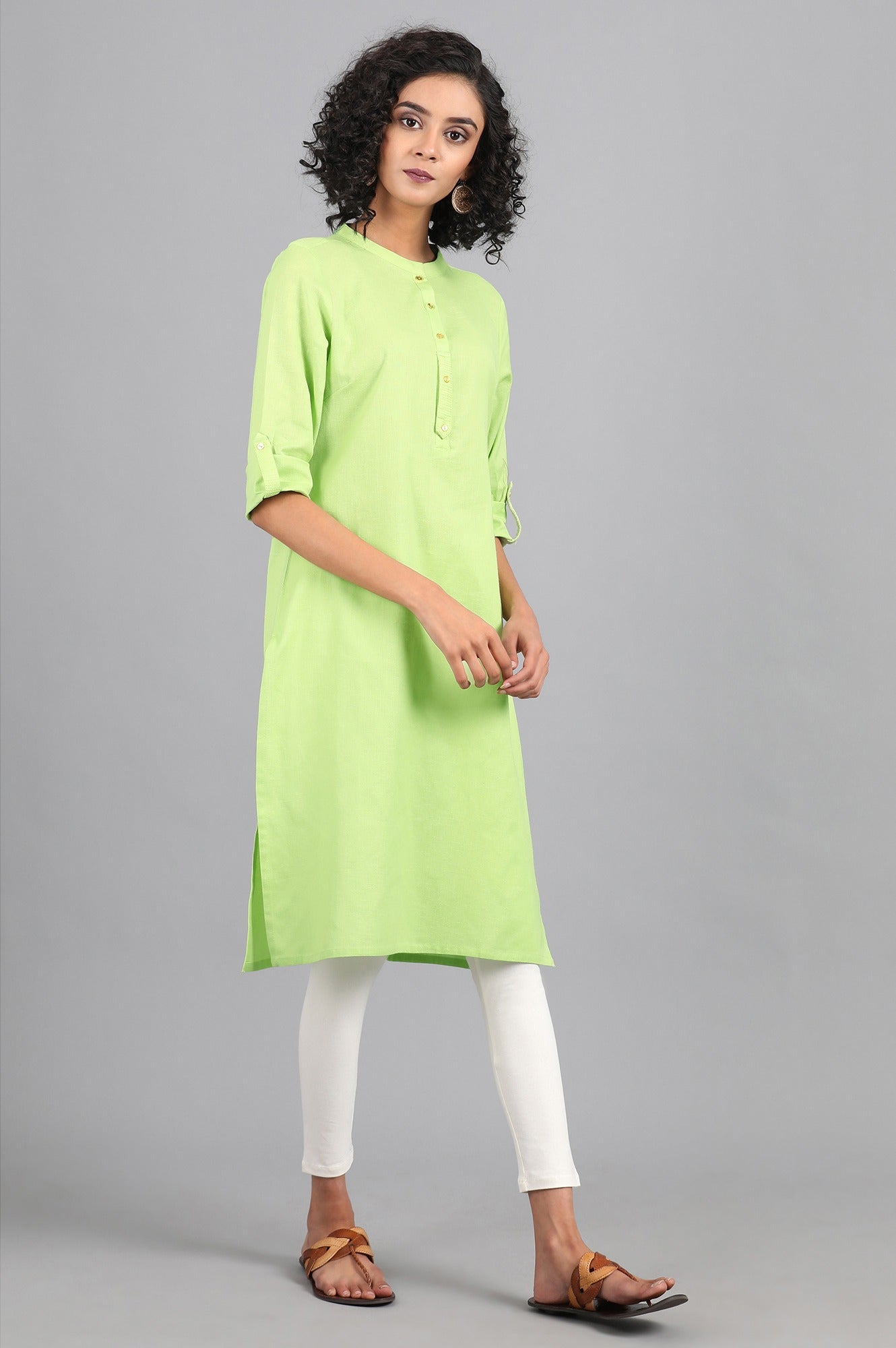 Lime Green Mandarin Neck Solid kurta