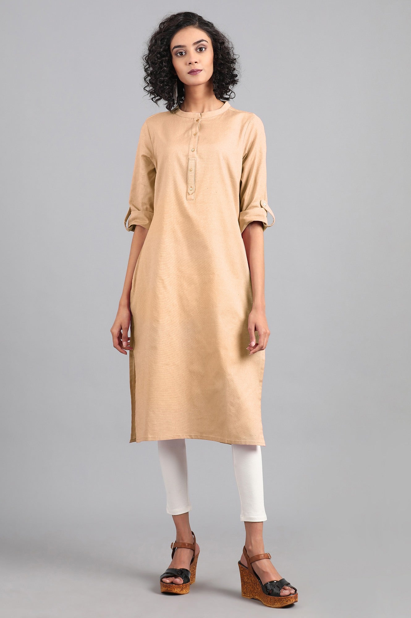 Beige Mandarin Neck Solid kurta