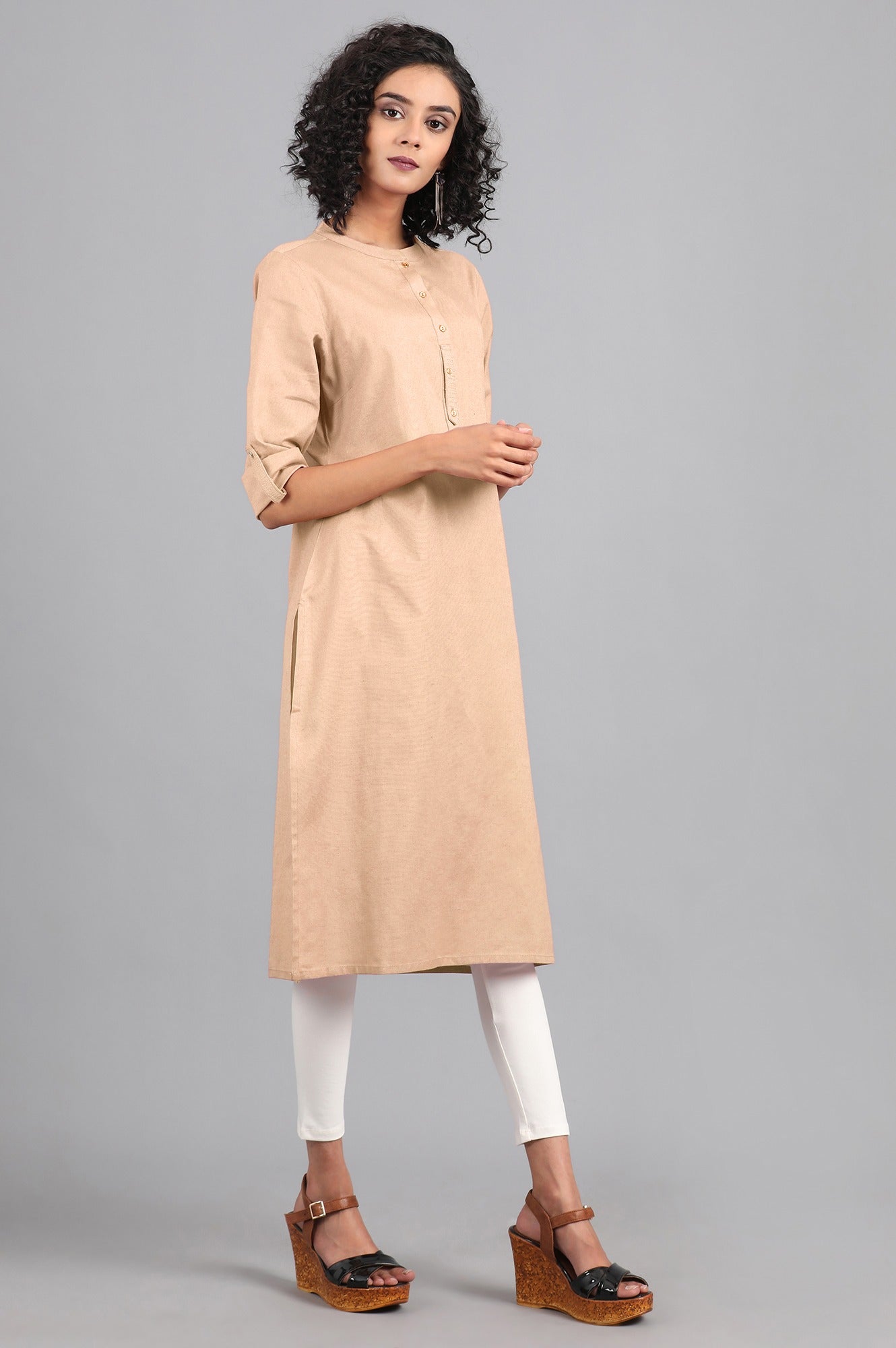 Beige Mandarin Neck Solid kurta