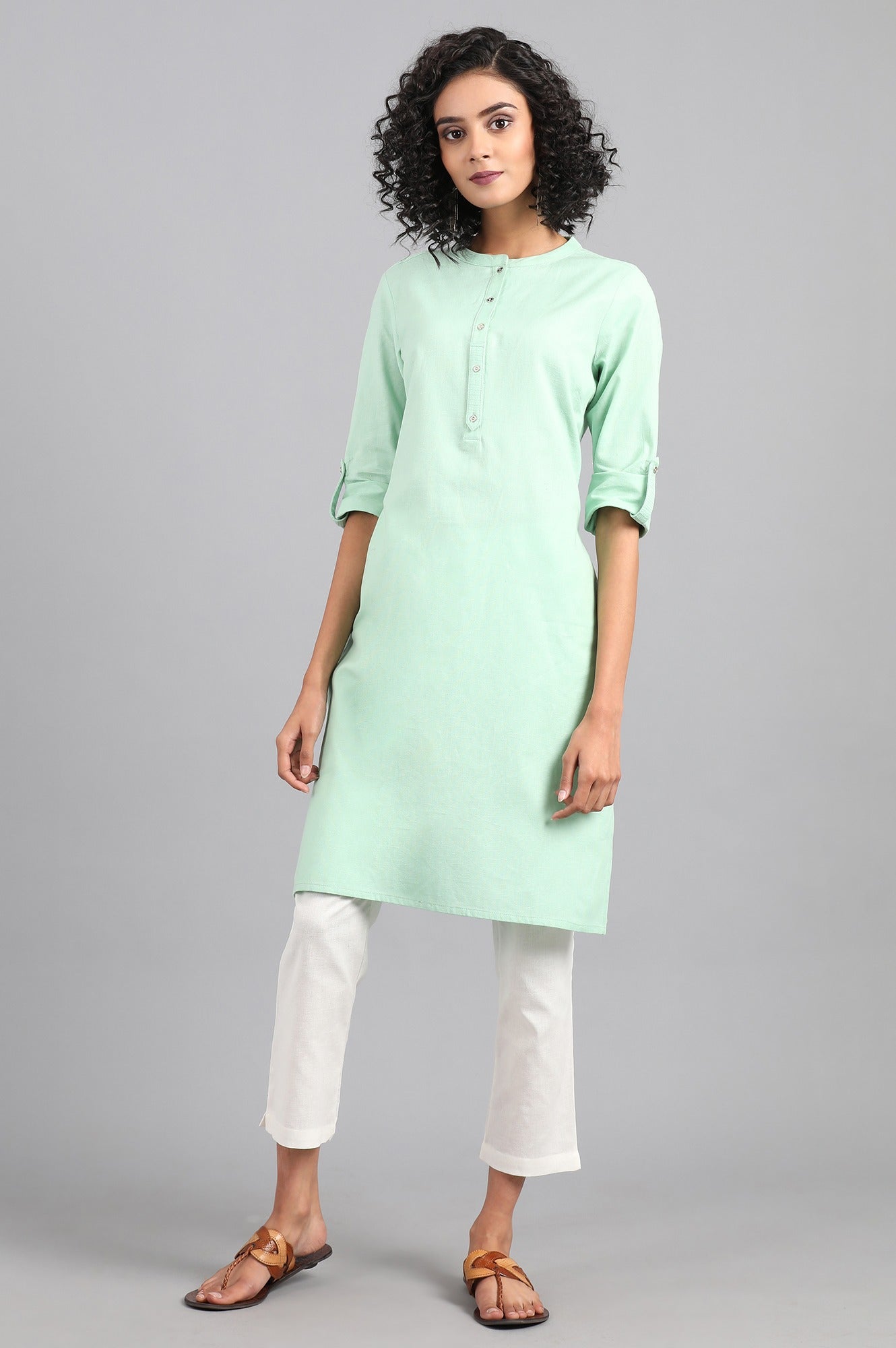 Green Mandarin Neck Solid kurta