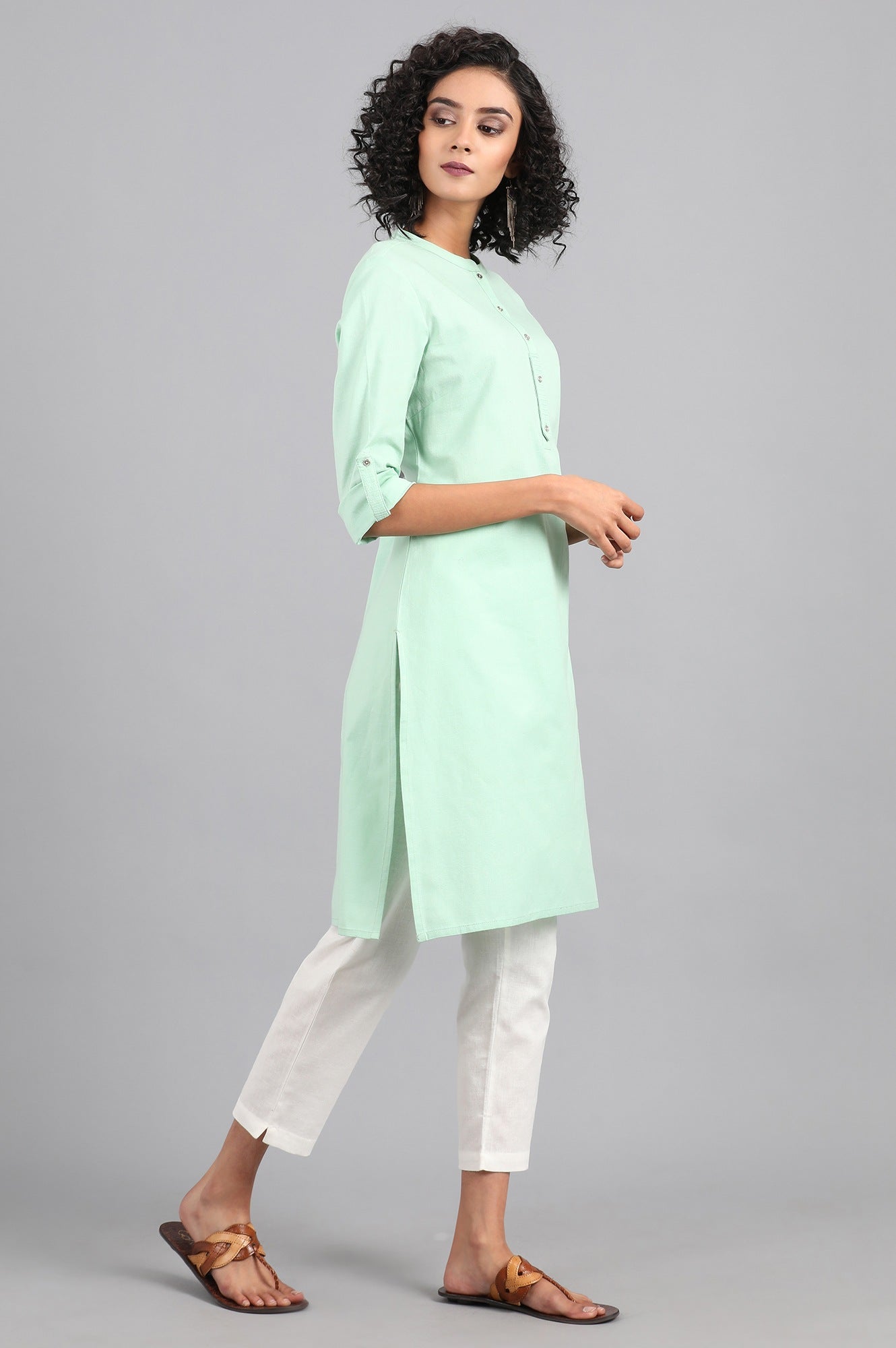 Green Mandarin Neck Solid kurta