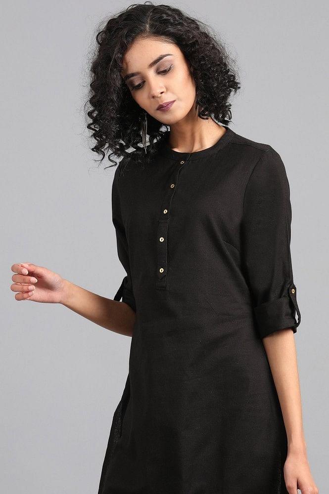 Black Mandarin Neck Solid kurta - wforwoman