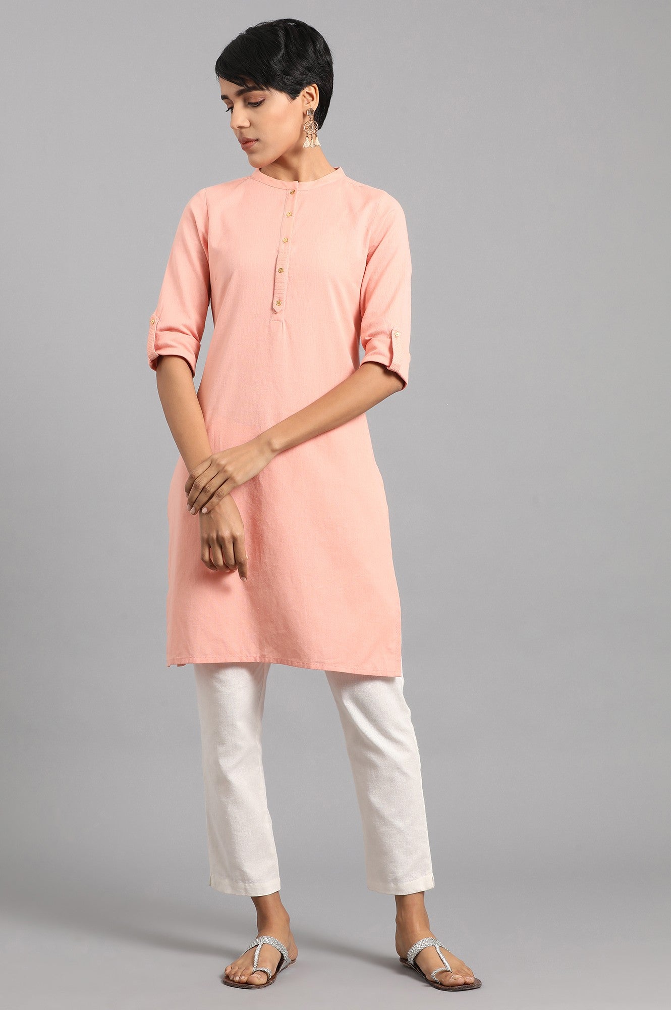 Peach Mandarin Neck Solid kurta