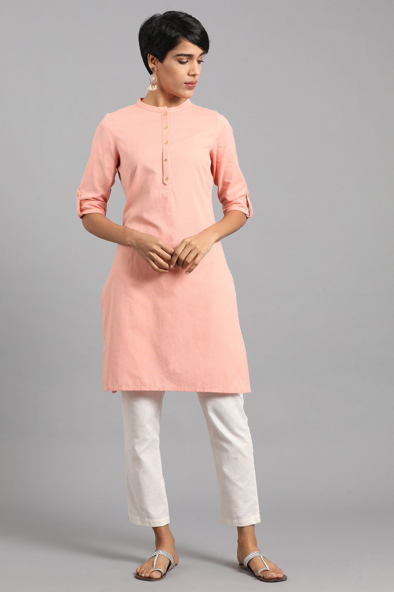 Peach Mandarin Neck Solid kurta