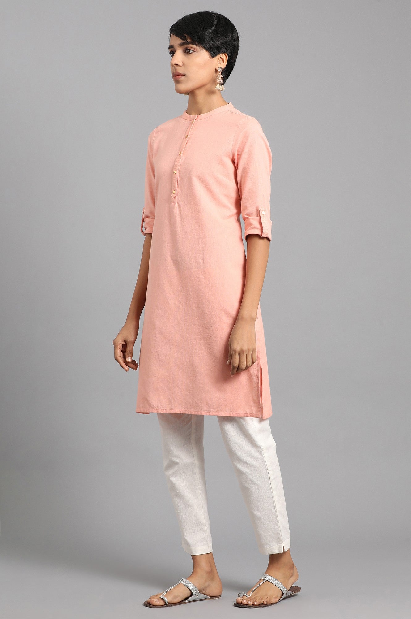 Peach Mandarin Neck Solid kurta