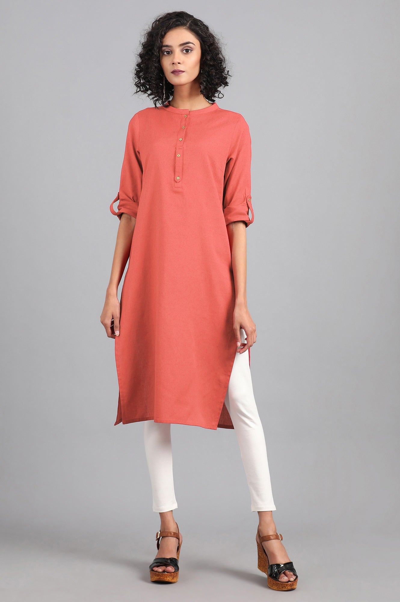 Coral Mandarin Neck Solid kurta