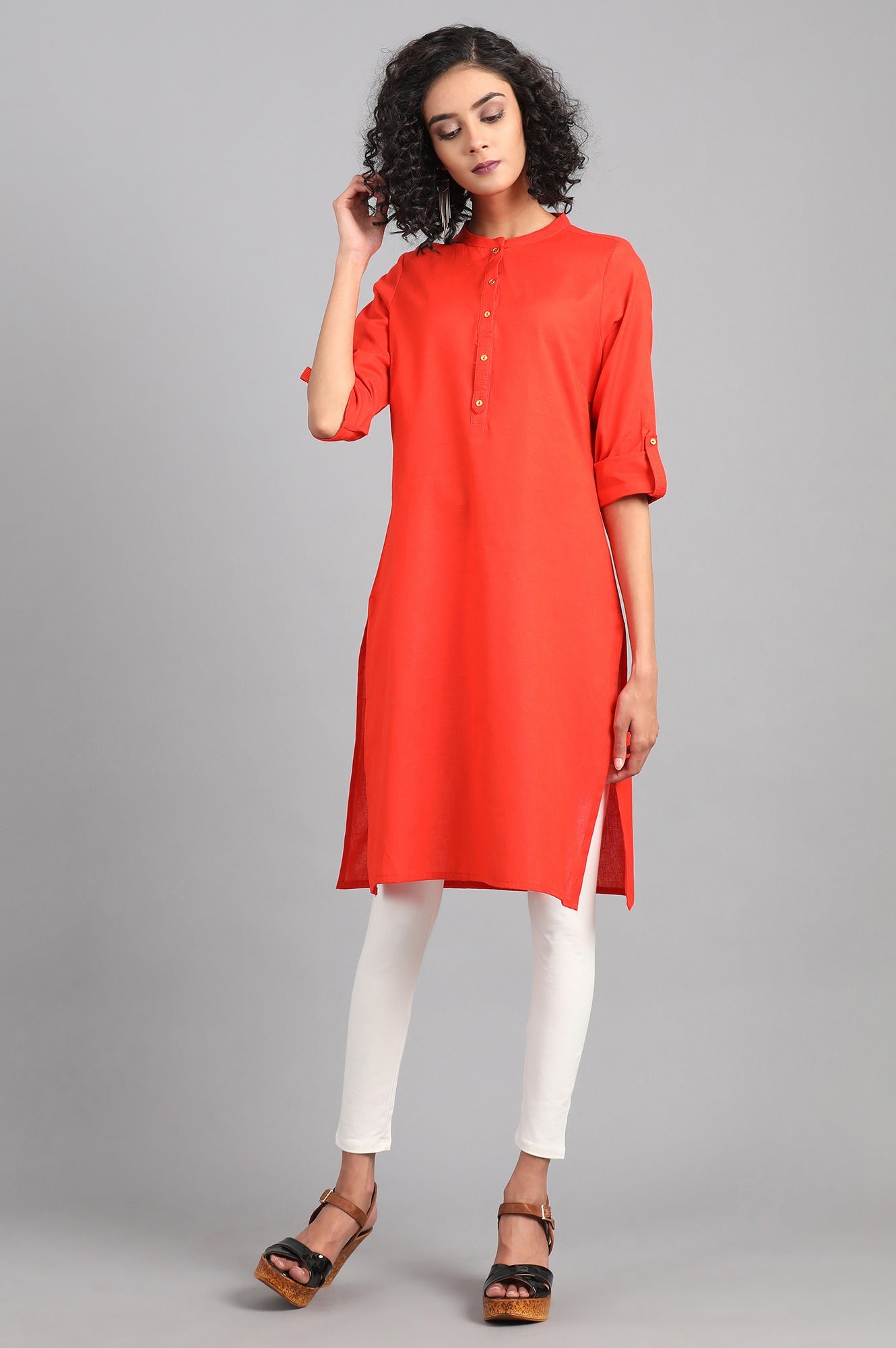 Orange Mandarin Neck Solid kurta