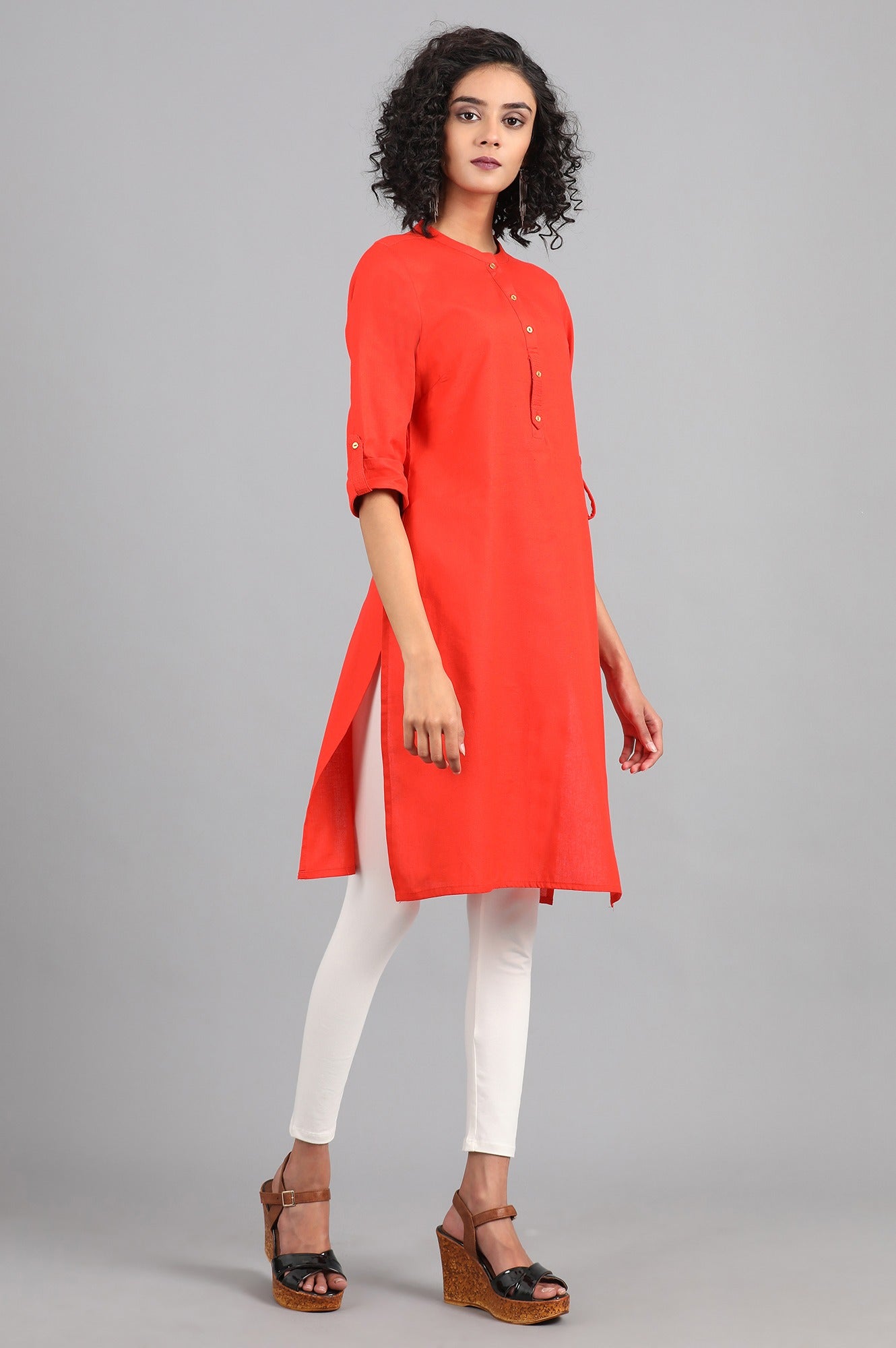 Orange Mandarin Neck Solid kurta