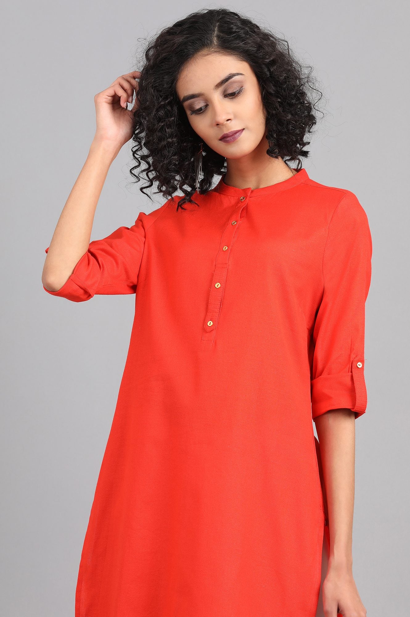 Orange Mandarin Neck Solid kurta