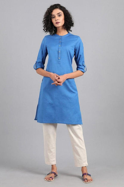 Blue Mandarin Neck Solid kurta - wforwoman