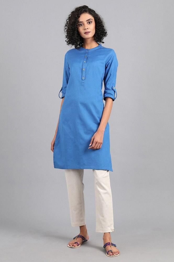 Blue Mandarin Neck Solid kurta - wforwoman