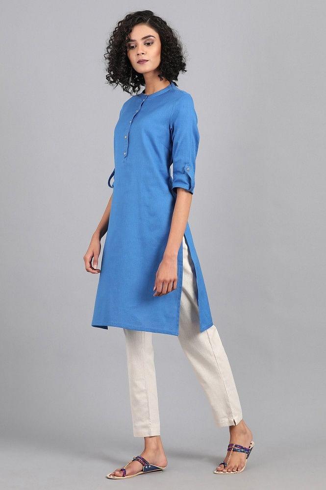 Blue Mandarin Neck Solid kurta - wforwoman