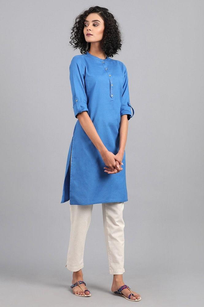 Blue Mandarin Neck Solid kurta - wforwoman