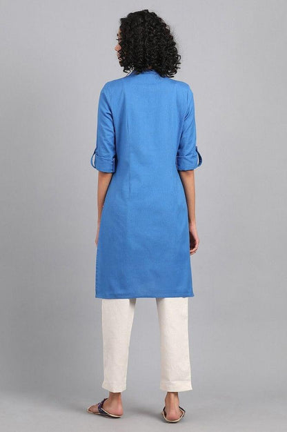 Blue Mandarin Neck Solid kurta - wforwoman