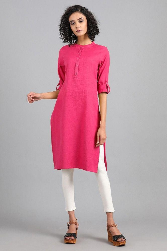 Pink Mandarin Neck Solid kurta - wforwoman