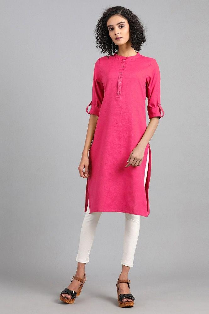 Pink Mandarin Neck Solid kurta - wforwoman