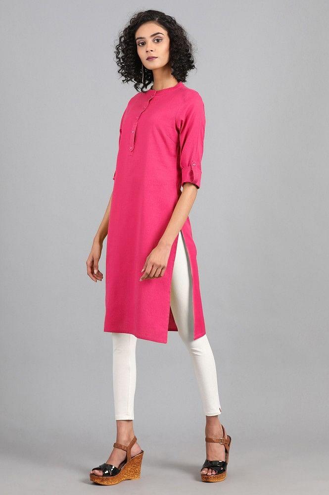 Pink Mandarin Neck Solid kurta - wforwoman