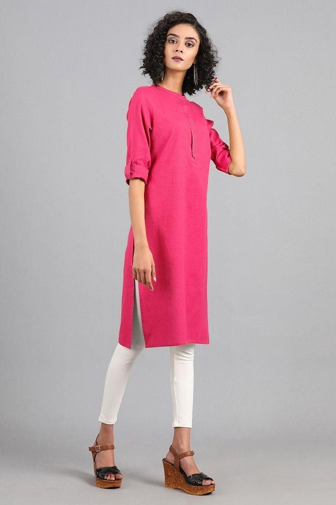 Pink Mandarin Neck Solid kurta - wforwoman