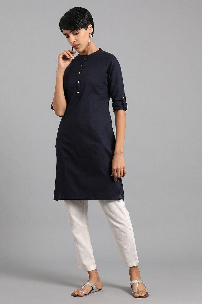 Navy Blue Mandarin Neck Solid kurta - wforwoman