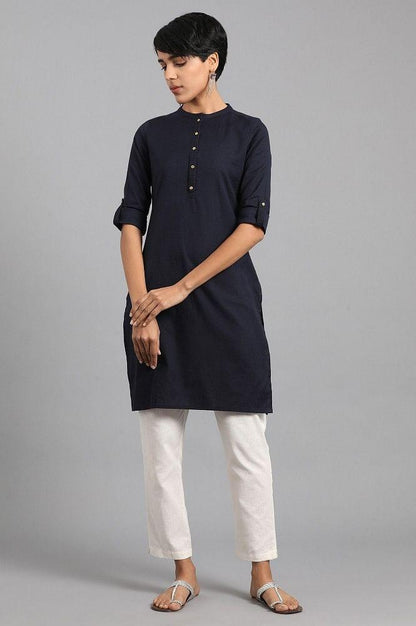 Navy Blue Mandarin Neck Solid kurta - wforwoman