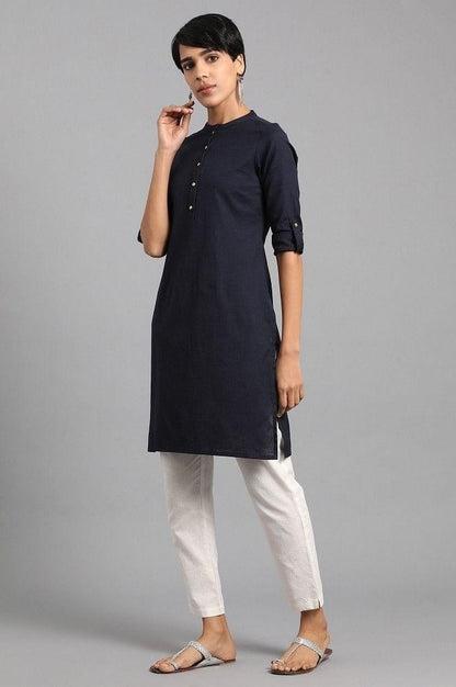 Navy Blue Mandarin Neck Solid kurta - wforwoman