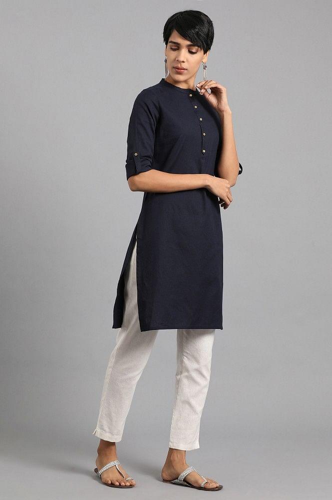 Navy Blue Mandarin Neck Solid kurta - wforwoman