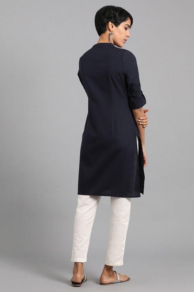 Navy Blue Mandarin Neck Solid kurta - wforwoman