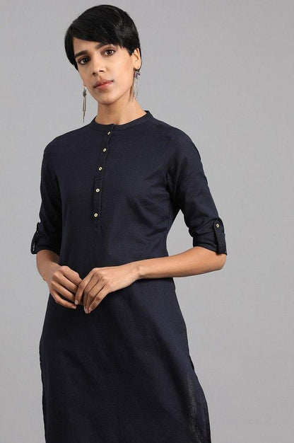 Navy Blue Mandarin Neck Solid kurta - wforwoman