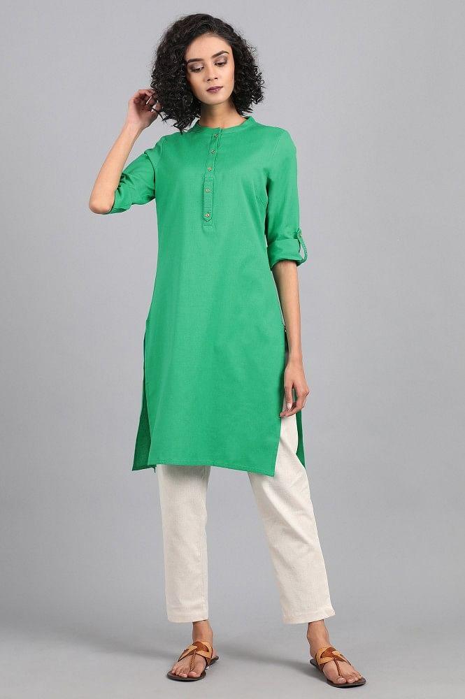 Mint Green Mandarin Neck Solid kurta - wforwoman