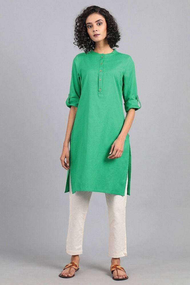 Mint Green Mandarin Neck Solid kurta - wforwoman