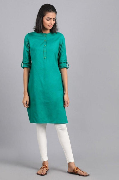 Green Mandarin Neck Solid kurta - wforwoman